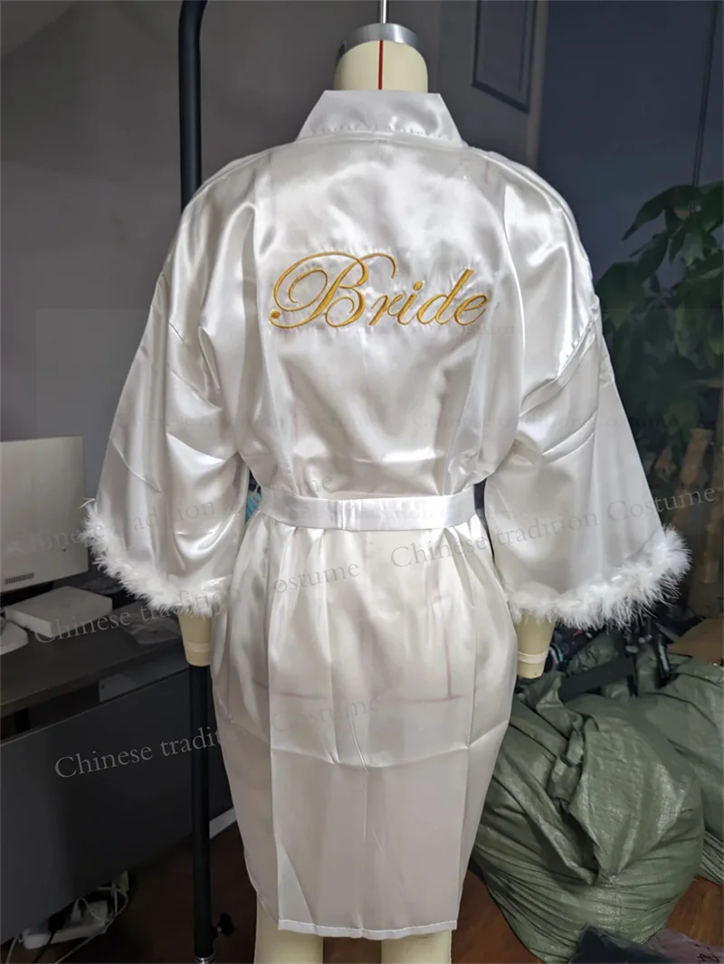 Vestidos De Novia Satin Kimono Women Short Robe Feather Sleeve Bride Wedding Dress Sexy Lingerie Pijama Mujer Bridesmids Gown