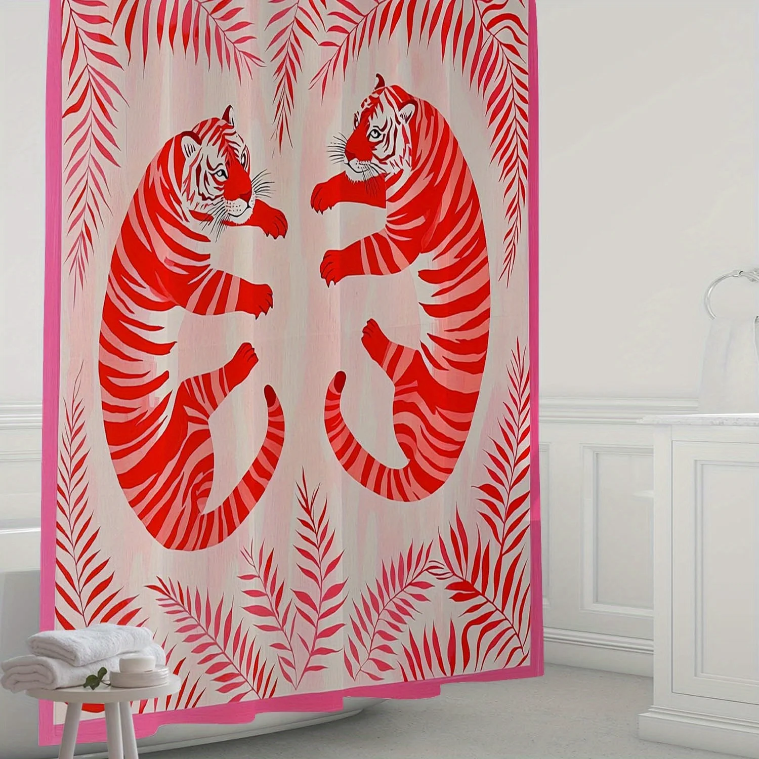 Red Tiger Print Shower Curtain - Tropical Palm Leaves Pattern, Waterproof Bathroom Decor, Boho Animal Theme, Multiple Sizes