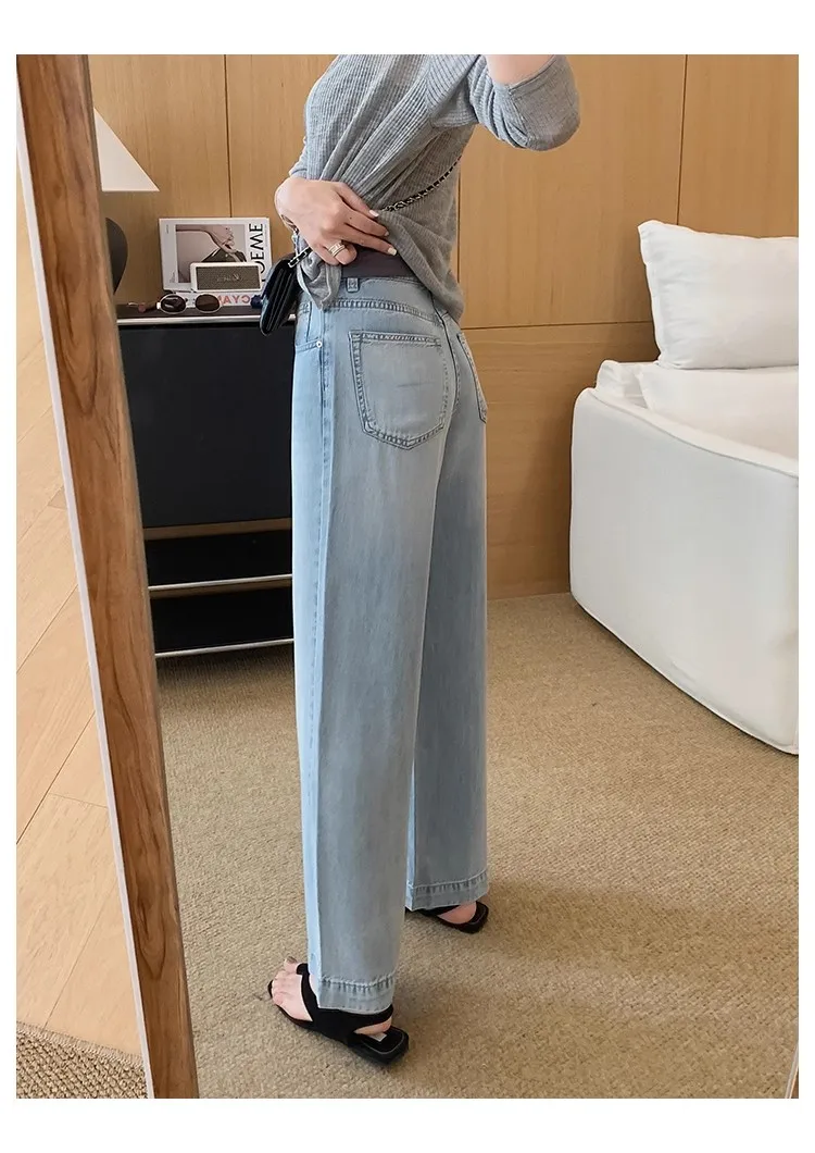 Celana Kaki Lebar Wanita Tencel Denim Pinggang Tinggi Longgar Lembut Ringan Nyaman Jeans Musim Panas