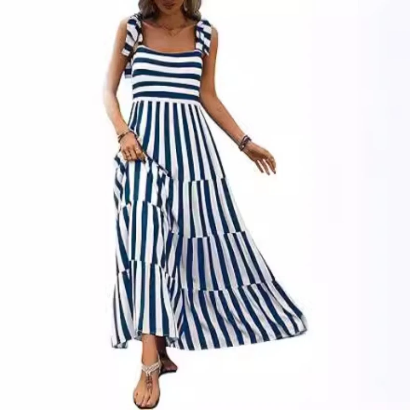 

Casual Fashion Striped Printed Suspender Dress High Waist Loose Floral Lace-up Maxi Dresses 2025 Summer Pocket Women's Dress