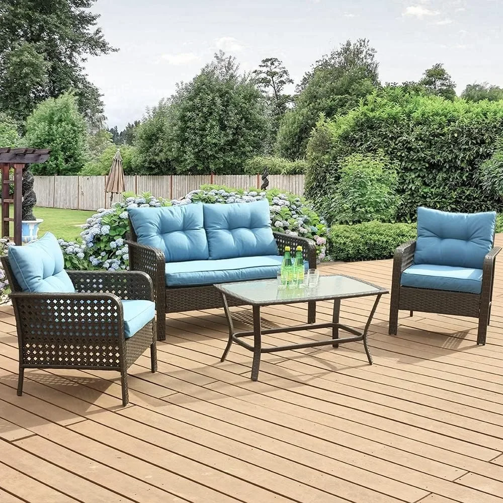 Patio conversation set outdoor furniture, 4 pieces of wicker furniture with loveseat sofa, rattan seats, coffee table and chairs