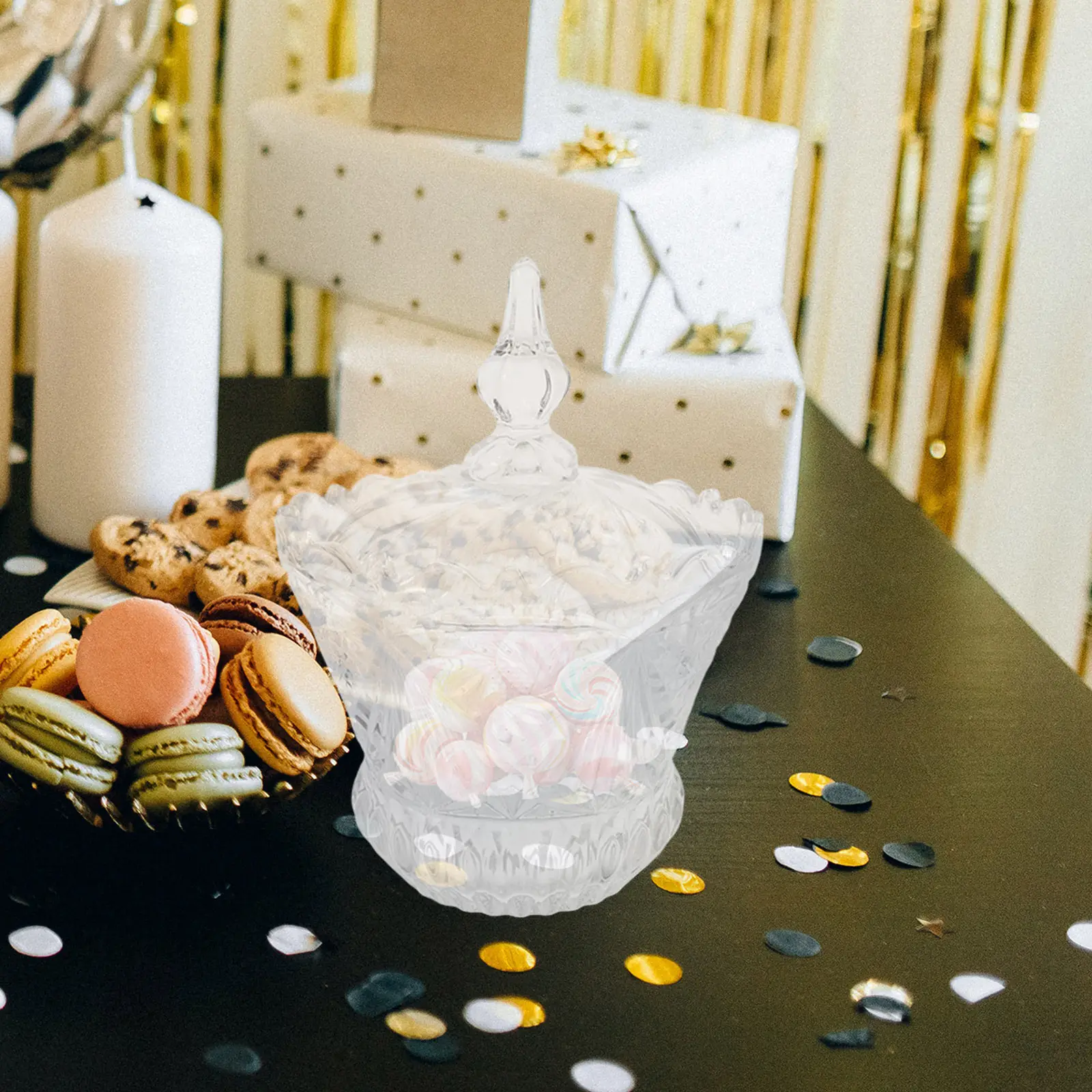 

Стеклянная ваза для конфет с крышкой, прозрачная декоративная емкость для сладостей, угощений, мелочей. Идеальный подарок на свадьбу, годовщину, новоселье для дома.