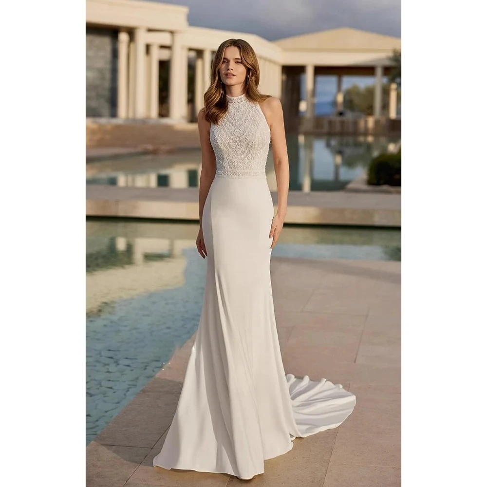 Vestidos De Novia elegantes personalizados para mujer, Vestidos De Novia con cuello redondo, apliques De encaje, vaina De sirena sin espalda, 2024