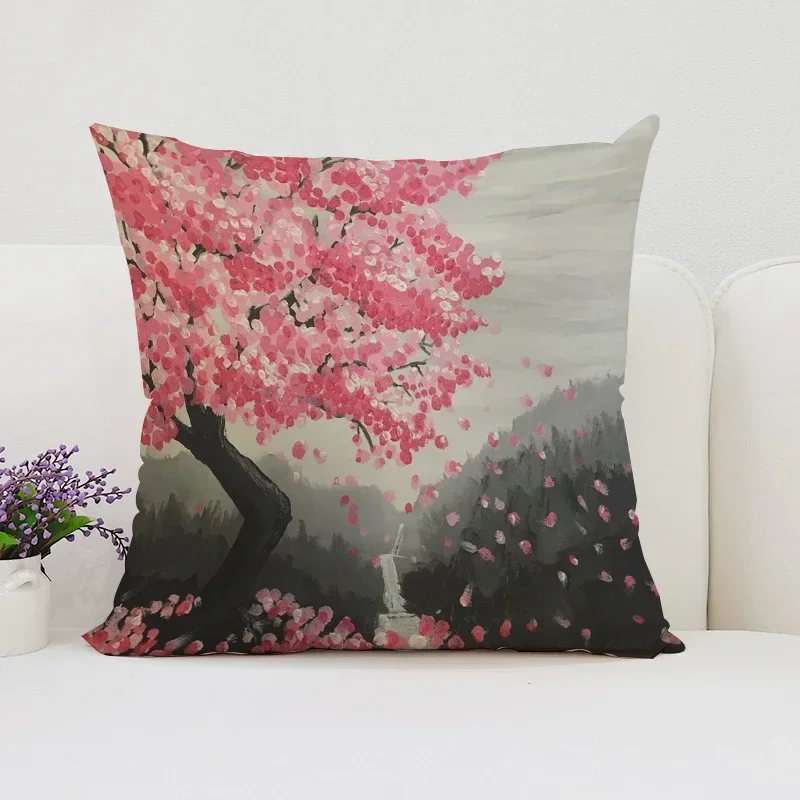 غطاء وسادة رمي زهر الكرز الياباني مع طباعة قطيفة قصيرة لتزيين أريكة غرفة المعيشة وغطاء وسادة