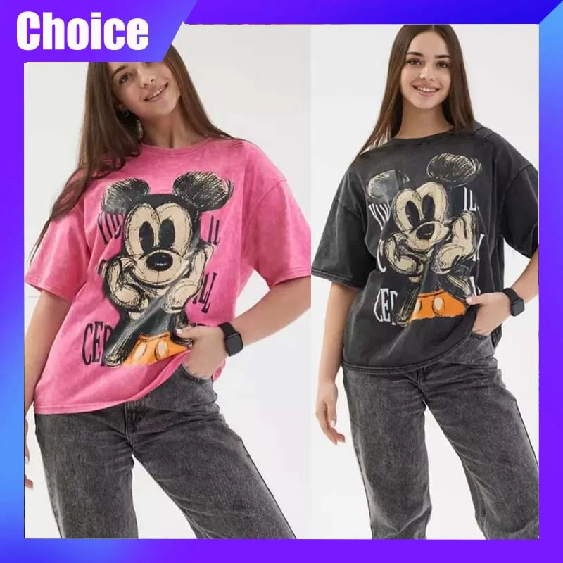 

Disney Mickey Retro T-Shirt Summer Vintage Washed Trend Short Sleeved Top Cartoon Clothes Cotton Fashion Loose Women Shirt Gift