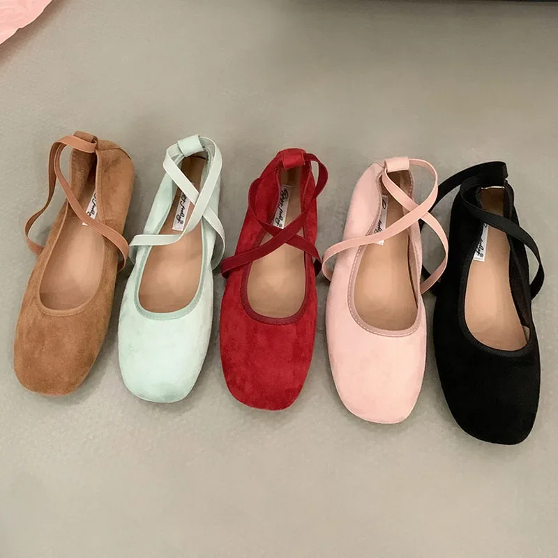 Baletki damskie Velvet Thin Shoes Mary Jane Loafers Square Toe Pumps Elastic Band Slip-on Casual Shoes Soft Lady Work Shoes