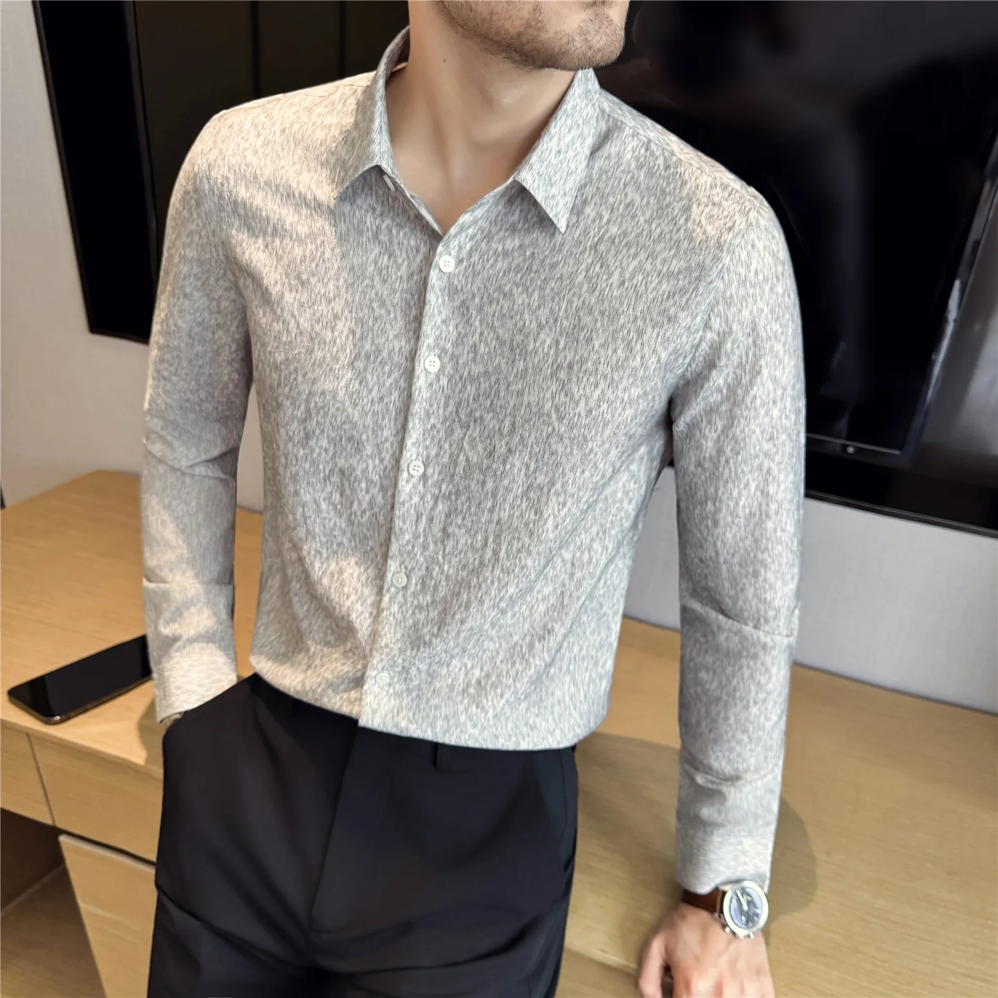 

Autumn Winter Pleated Striped Shirt for Men Breathable Slim Long Sleeved Shirts Business Casual Dress Shirt Men Clothing 2025