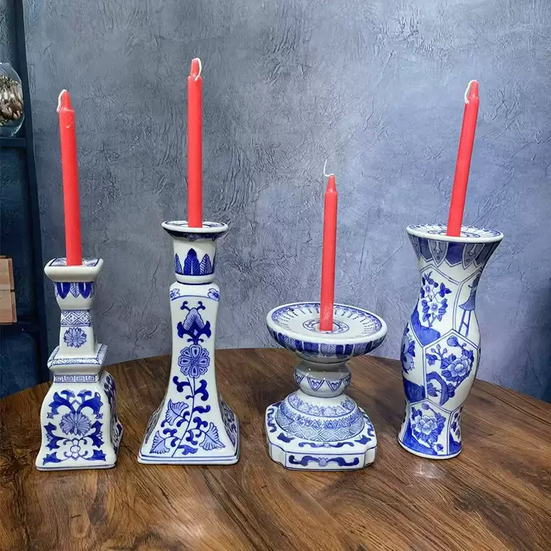 Jingdezhen blue and white porcelain candle holder dinner decoration candlestick home living room candle holder decoration crafts