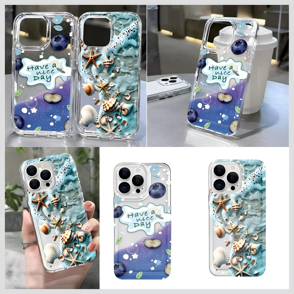 Ocean Shell Blueberry Phone Case for Samsung Galaxy S25 S24 S23 S22 S21 S20 S10 Note20 Note10 FE Ultra Plus 4G 5G Clear