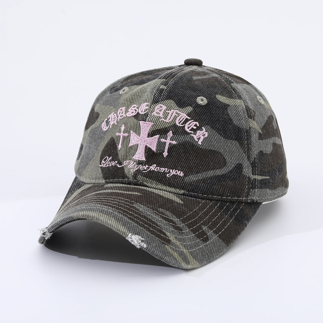 European and American Fashion Camouflage Embroidered Letter Cross Baseball Cap with Soft Top and Sun Protection Brim Hat