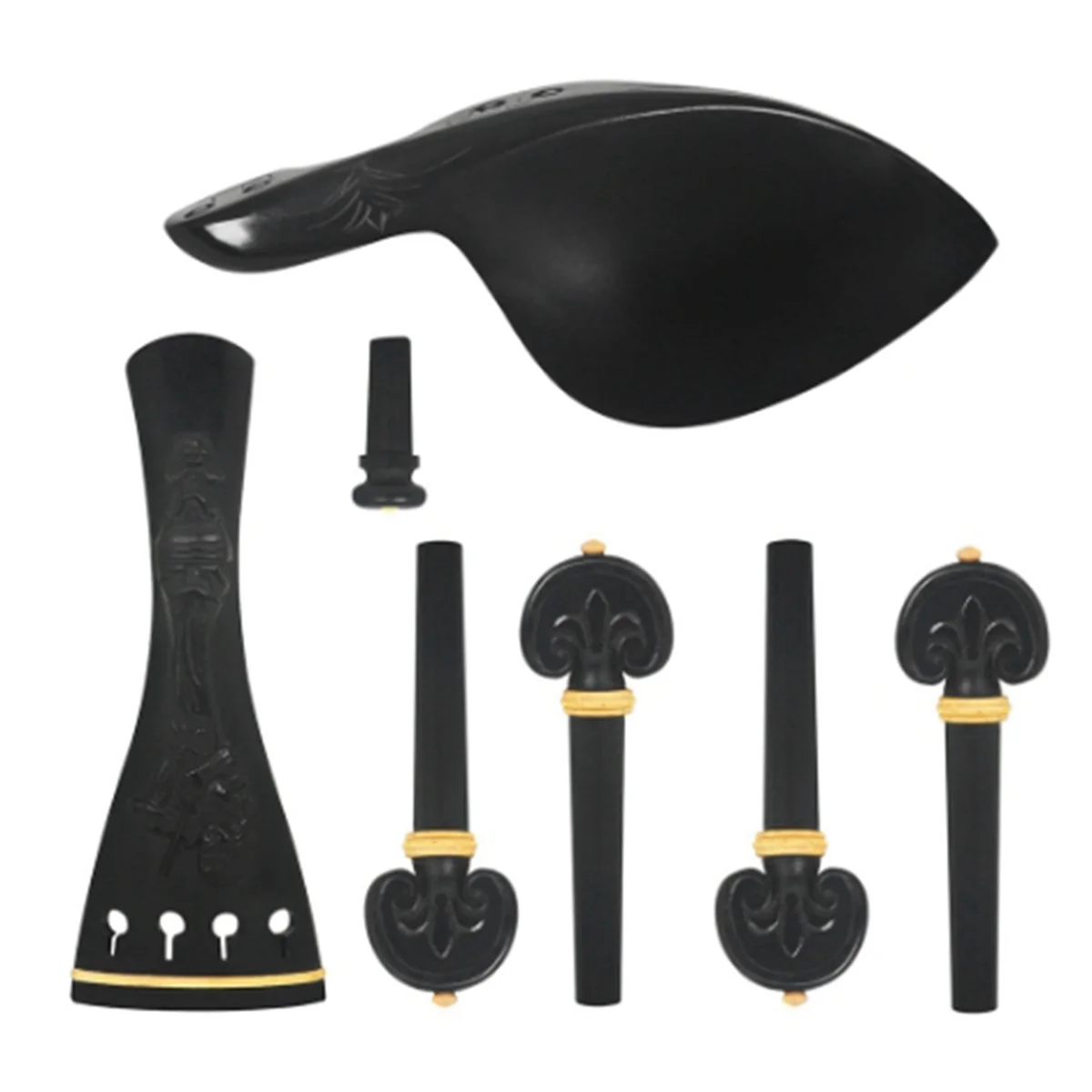 

Hand Carved Ebony Violin Accessories 4 Piece Set with Relief Flower Tailpiece, Pegs, Chinrest, and Endpin