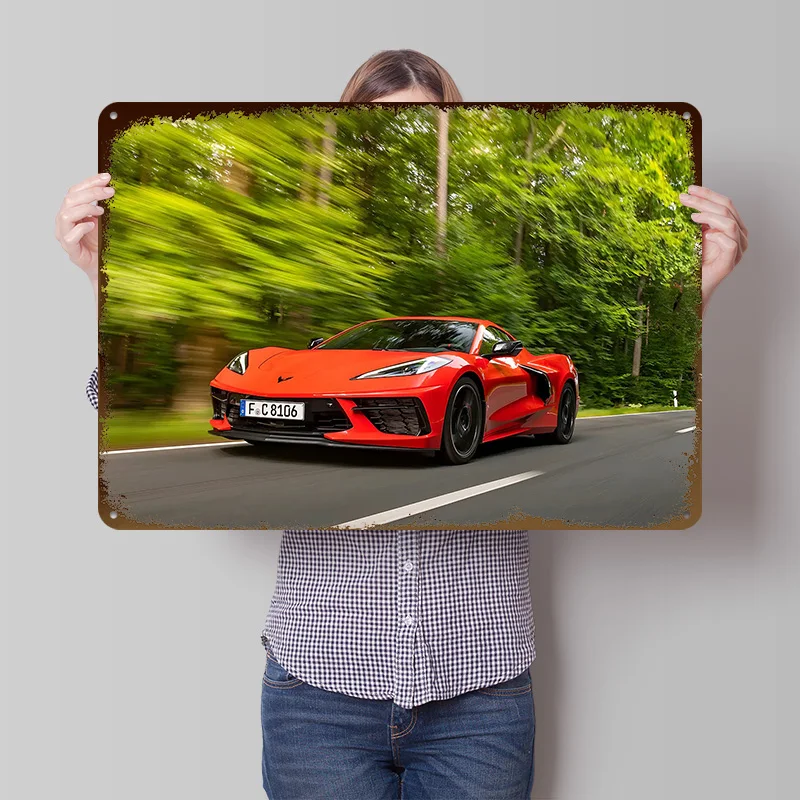 Sportwagen Corvette Blechschild, Individuelles Wandkunst-Poster, Retro Vintage Metallschilder für Fans, Gaming-Dekoration, Garage, Haus