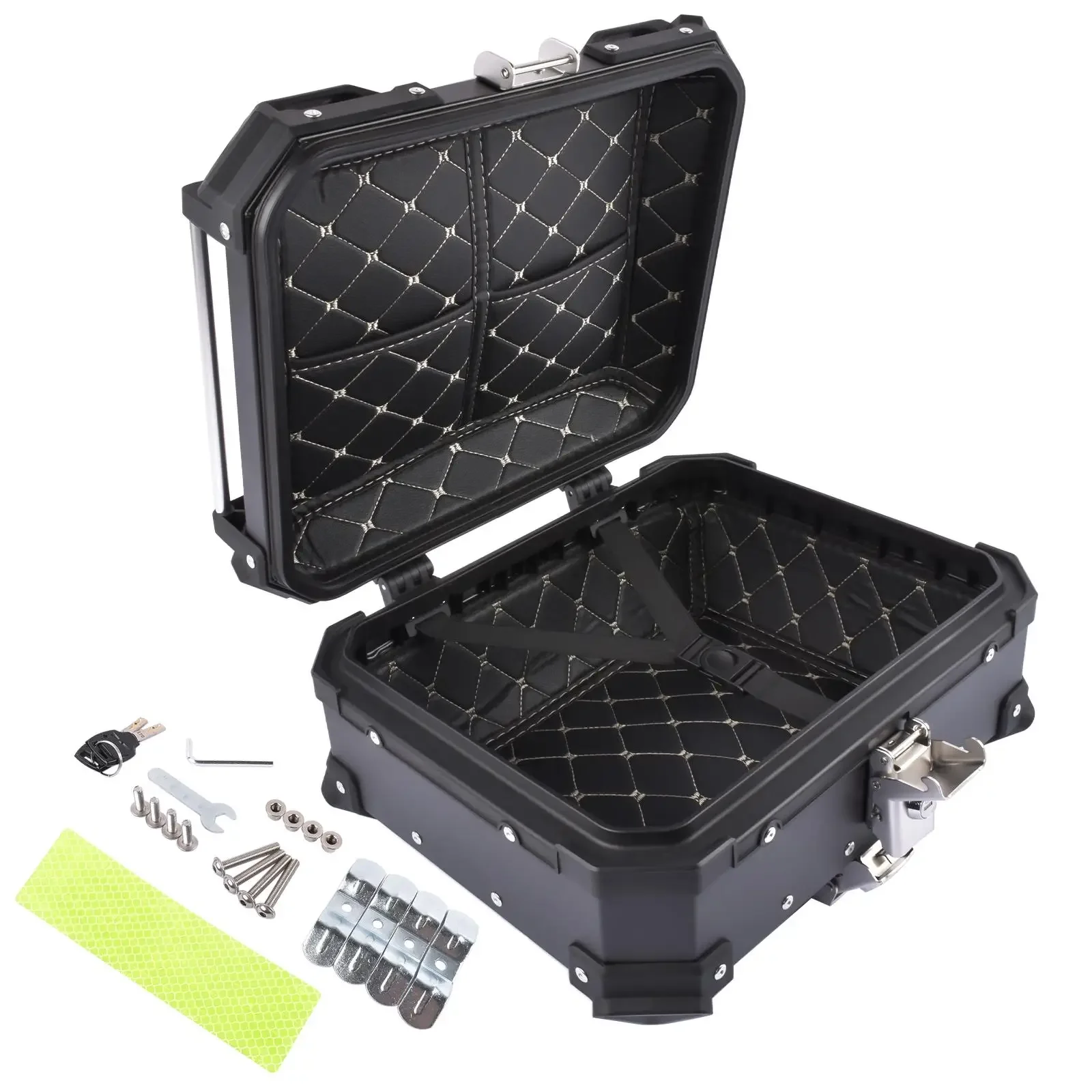 AP03 65L Aluminum Waterproof Motorcycle Top Case, Trunk Tail Box with Security Lock for Luggage (Black)