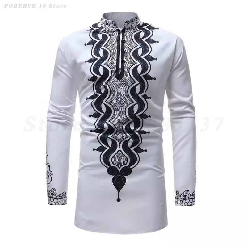 

Man African Clothes Fashion Printed Shirts Tops White Long Sleeved Blouse Loose Casual Men's Plus Size 3XL Africa Muslim Dashiki