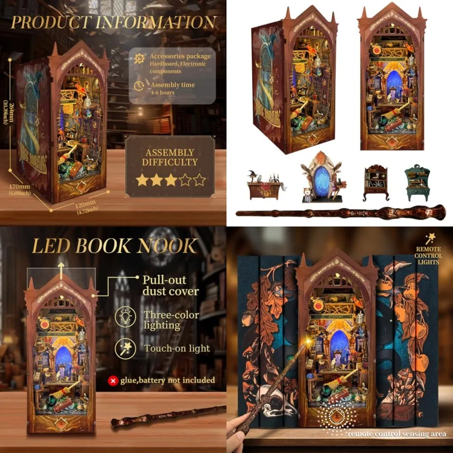 

Magic Book Nook Kit with Remote Wand, 3D Wooden Puzzle, Dollhouse Miniature Booknook Kit Creative Bookend Bookshelf Decor for A