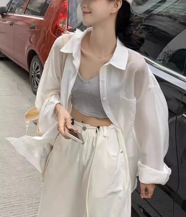 

Long Sleeved Thin Sun Protection Cardigan Women Casual White Sunscreen Shirt Summer All Match Lazy Wind Loose Chiffon Shirts