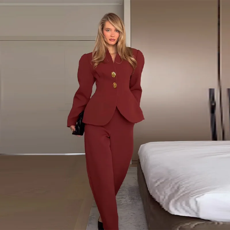 Elegante Anzug Jacke Hosen Set Frauen Schlank V-ausschnitt Puff Sleeve One Button Blazer Solide Gerade Hose 2025, Dame Büro Outfit – Detail 5