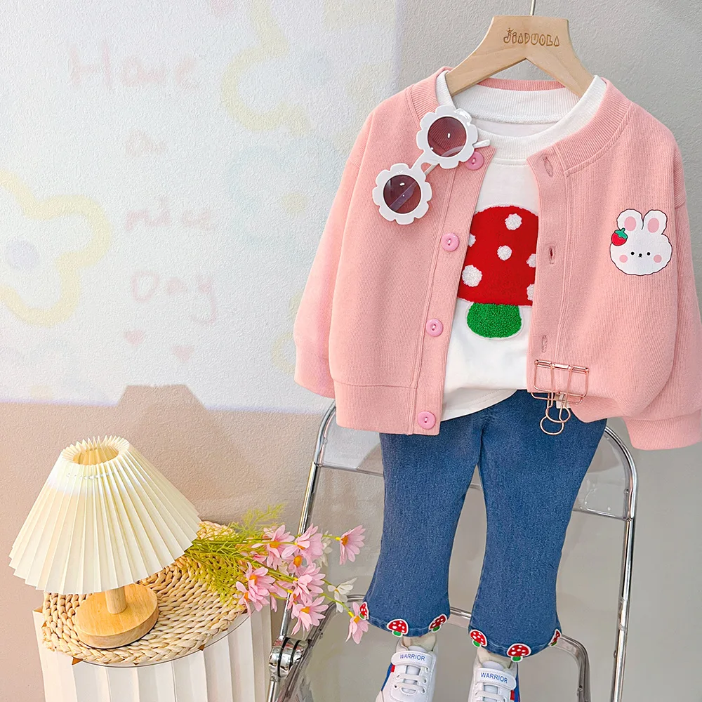 2024 Spring Baby Girls Clothing Sets Rabbit Print Cardigan Coat + Cartoon Mushroom Sweatshirt + Denim Pants Jeans Kids Clothes
