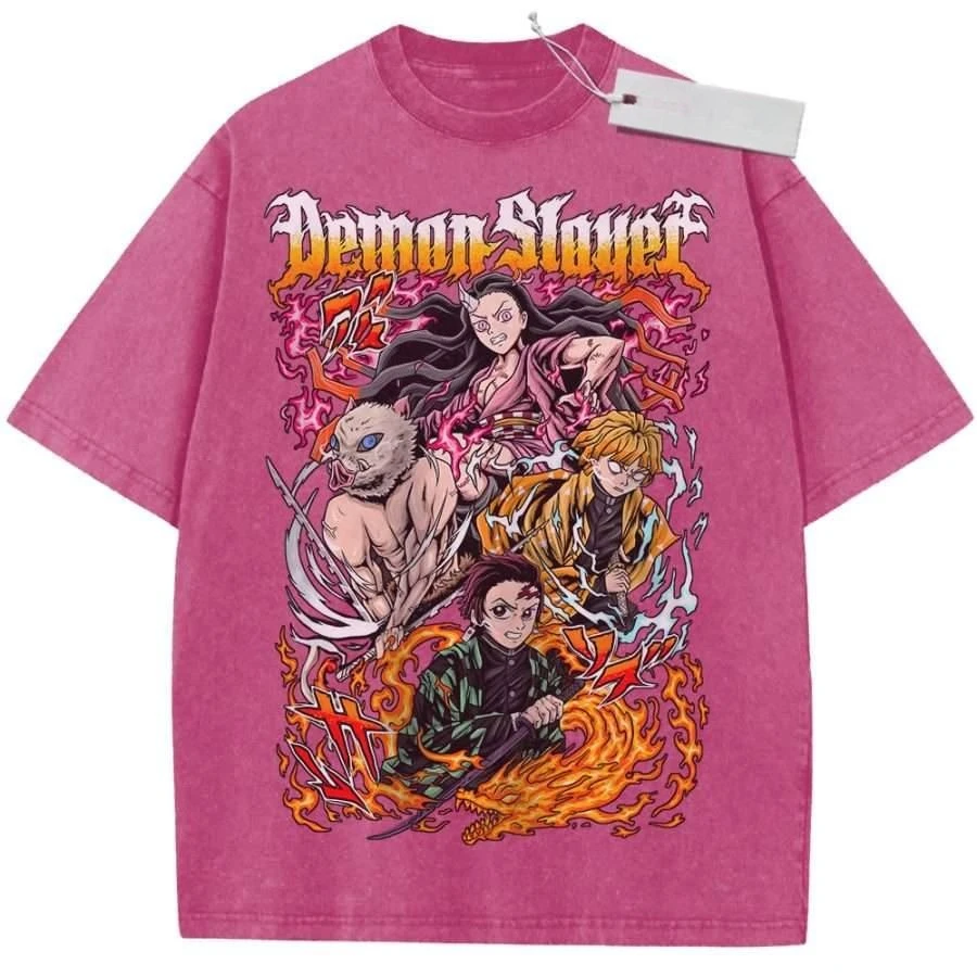 Unisex Gewaschenes Rosa Vintage T-Shirt Demon Slayer Kimetsu No Yaiba Charaktere Hochwertige Stoffqualität für Zuhause Freizeit Reisen