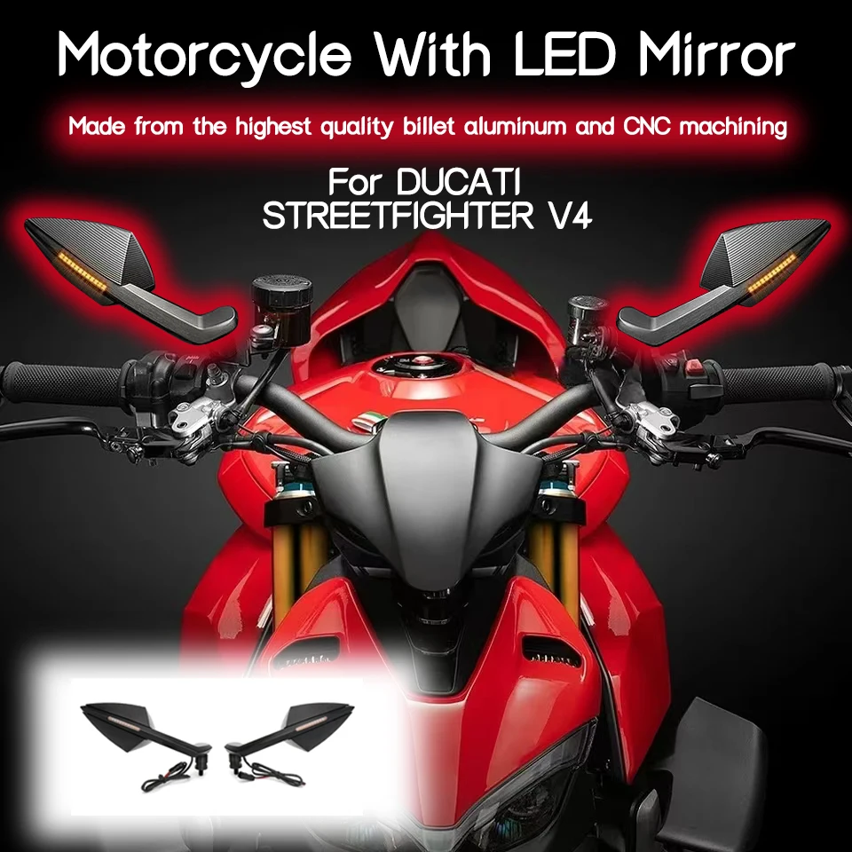 For DUCATI STREETFIGHTER V4 CNC Motorcycle Streetfighter V4 Integrated Turn Signal Mirrors Rearview Mirror With LED Light