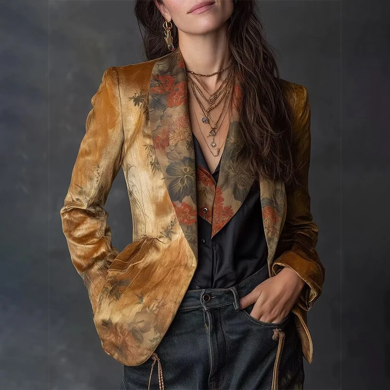 

Floral Printed Blazers for Women Jacket Single Button Suit Collar Blazer Coat Long Sleeve Fashion Female Outerwear Coat 2025