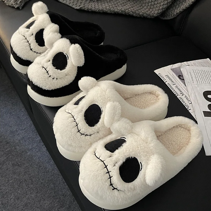 Winter Warm Cotton Slippers Women\'s Thick Sole Home Indoor Floor Shoes Skull Head Design Soft and Lightweight Plush Slippers