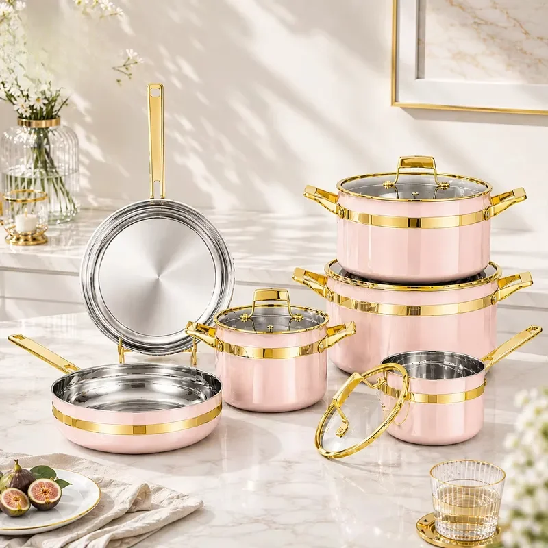 Pink 10-Piece 304 Three-Layer Stainless Steel Non-Stick Cookware Set Modern Black Pot Induction Compatible Premium Handle
