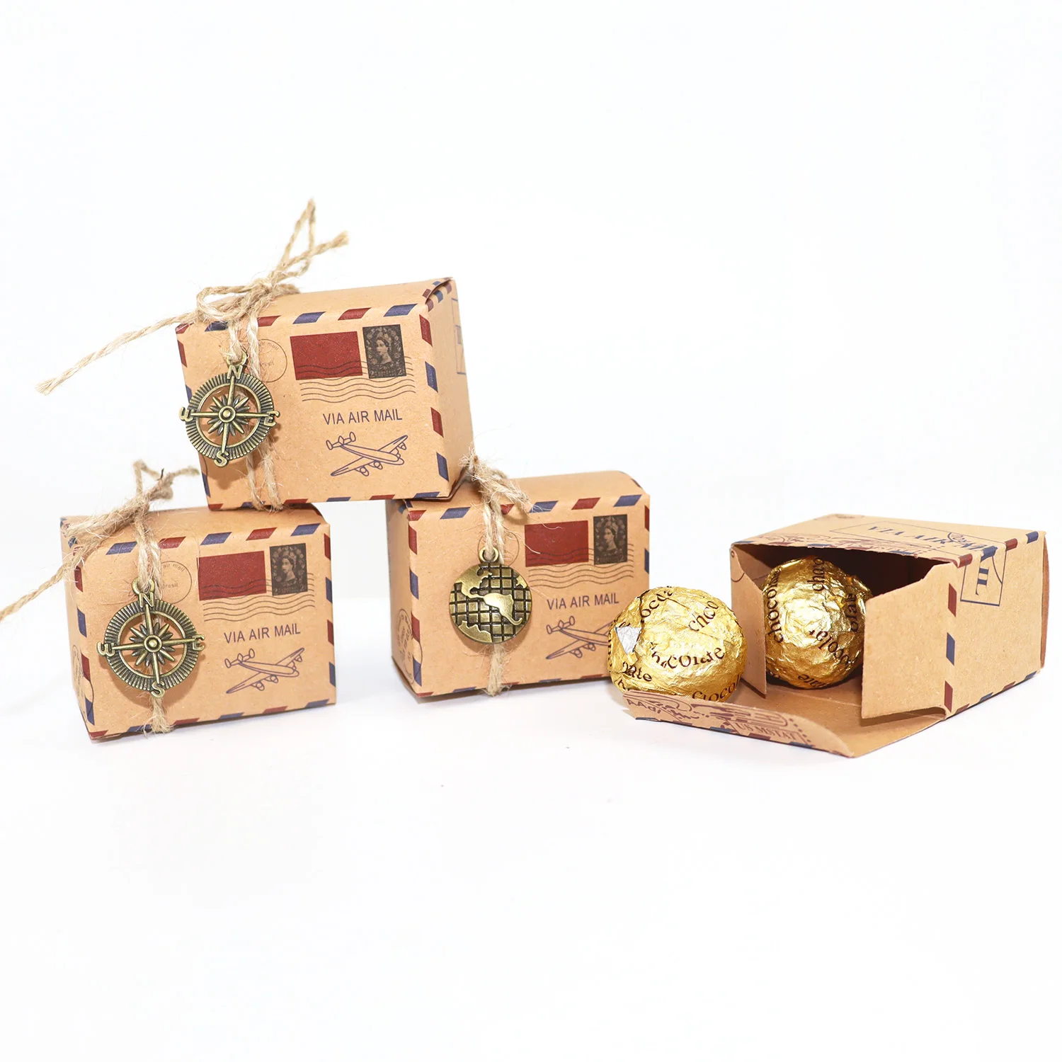 10/20pcs Mini Airplane Air Mail Travel Gift Boxes With Hemp Rope Compass Tags Wedding Gift Packaging Box Birthday Party Favors