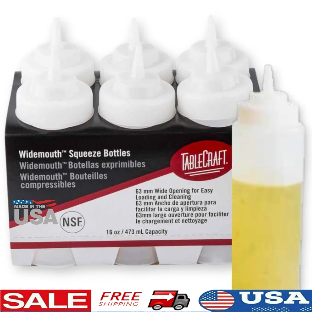 

Versatile Squeeze Bottles 16 Ounce Pack of 6 Condiment Dispensers with Cone Tip Dishwasher Safe NSF Approved Made in USA