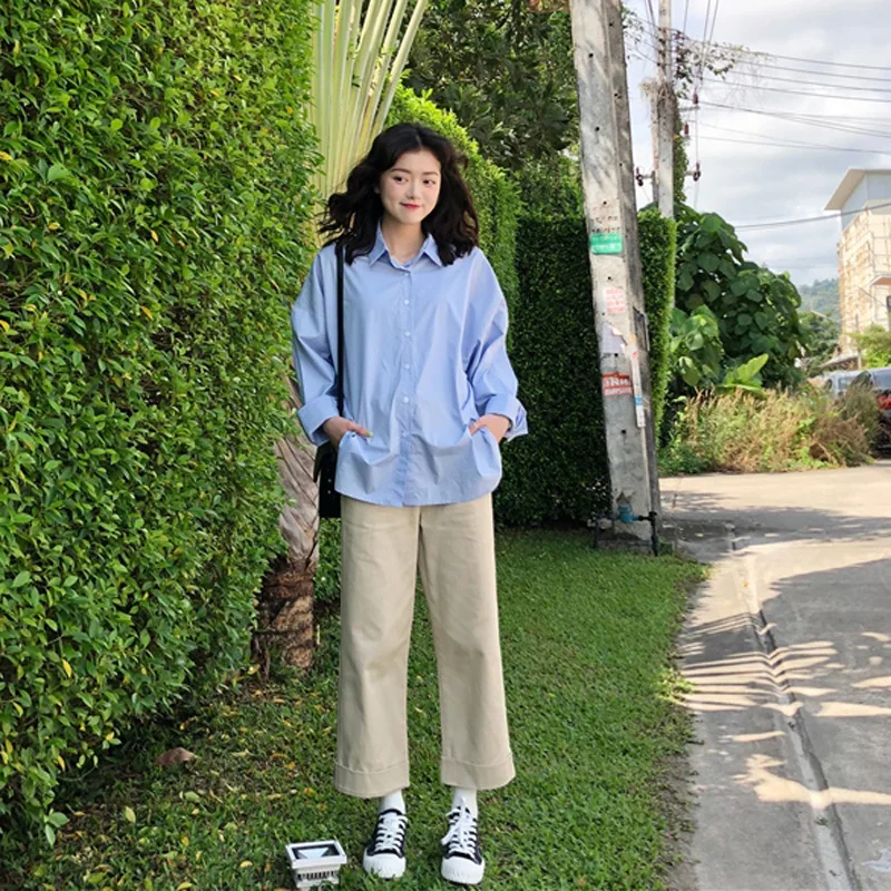 

Светло-голубая свободная повседневная длинная рубашка для женщин, художественная, в стиле BF, для ранней осени, из хлопка, в корейском стиле