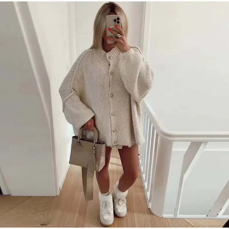 2024 Autumn Casual Knitted Cardigan Women O-Neck Single Breasted Loose Female Sweater Solid Elegant Lantern Sleeve Lady Sweaters