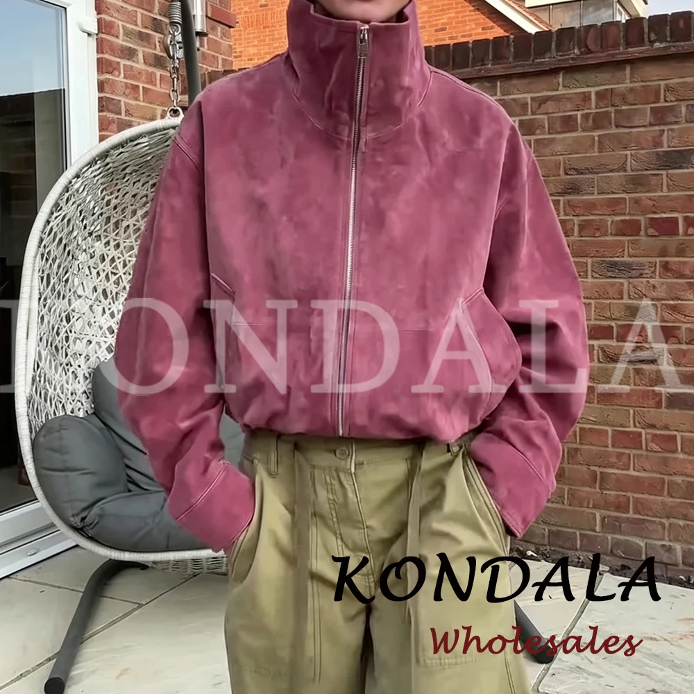 KONDALA Vintage Streetwear PU Woman Autumn Cool Pilot Jacket Loose Zipper Pink Outwear Fashion 2026 Casual Pockets Female Jacket