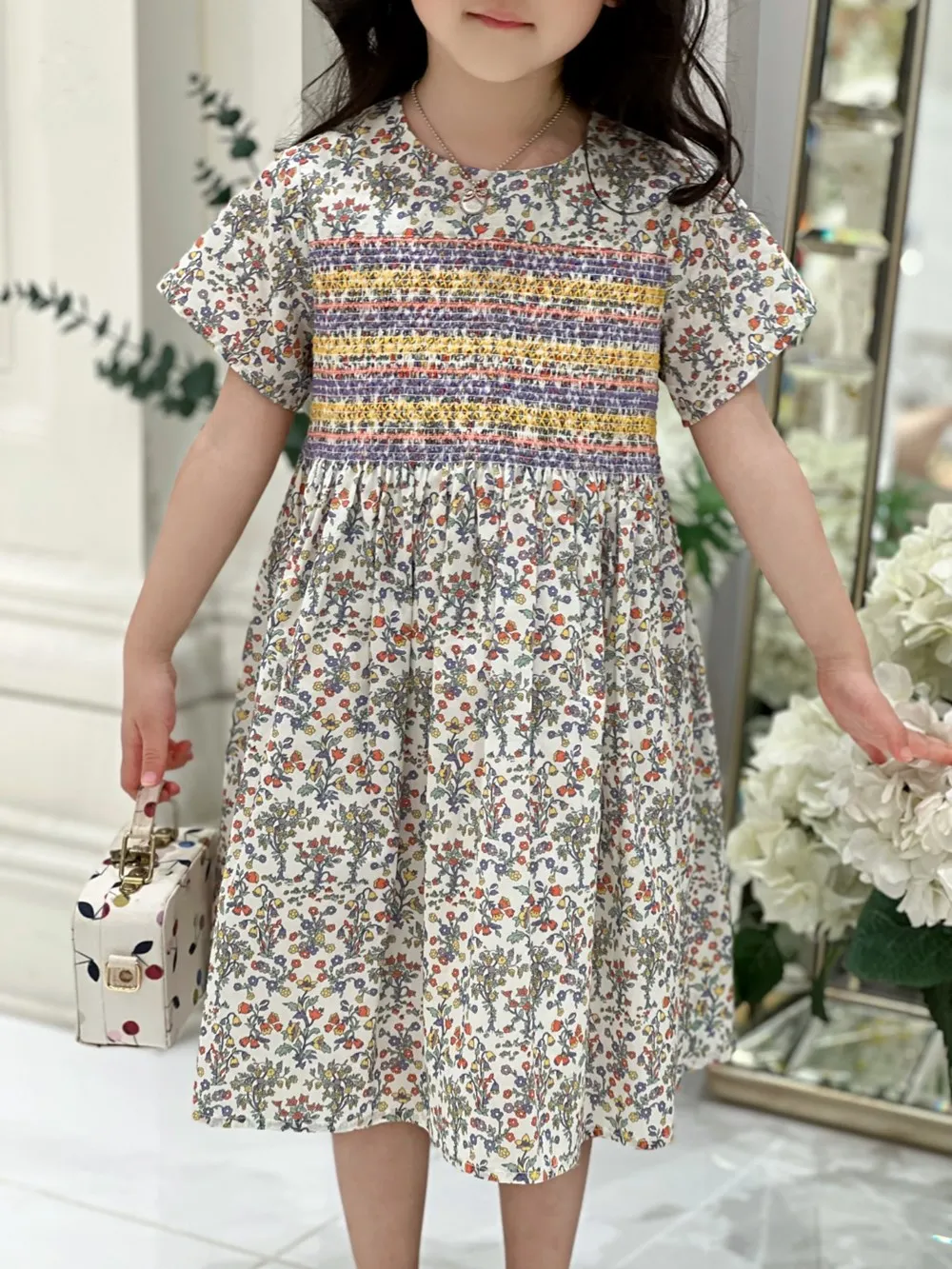 

kids girls clothes French Farmer Dress Cherry patterned printed dress Hand embroidered dress