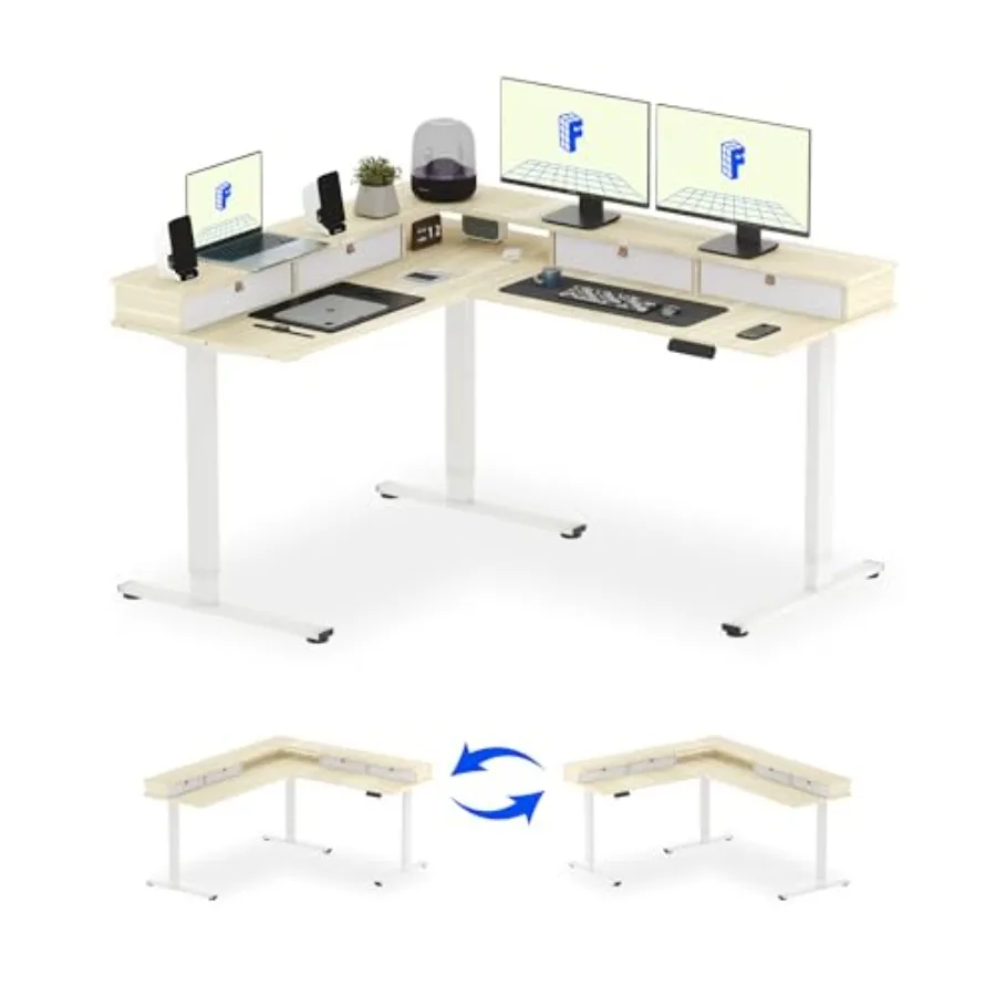 

63" L Shaped Standing Desk with Shelf Electric Corner Table Drawers Adjustable Computer Workstation for Home Office USB Chargin