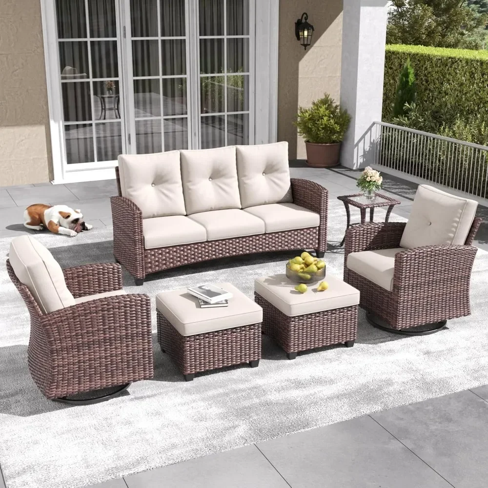 

6 Pieces Patio Set with Swivel Chairs Rattan Wicker Rocking Glide Chairs with Coffee Table Conversation Set