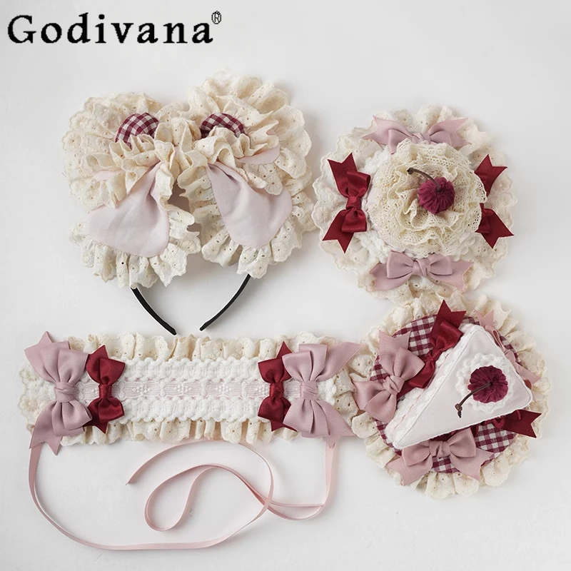 

Original Lolita Handmade Pink Y2k Hair Accessories Womens Soft Girls Sweet Cute Bow Lace KC Student Kawaii Headband Flat Hat