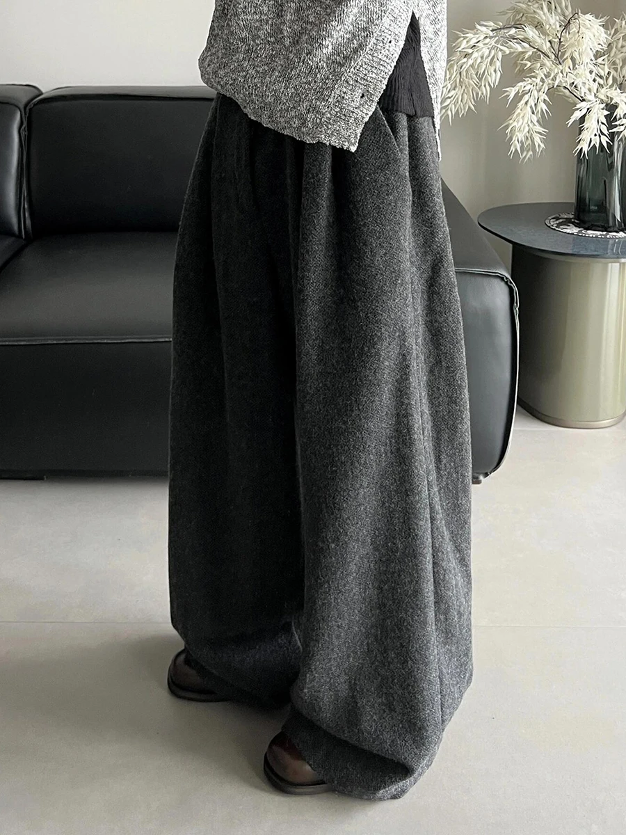 ReddaChic ทํางานสํานักงานผู้หญิง Tweed กางเกง Casual หลวม Fit สีกากี Textured เอวสูงขากว้างกางเกงฤดูใบไม้ร่วงเสื้อผ้าวินเทจ