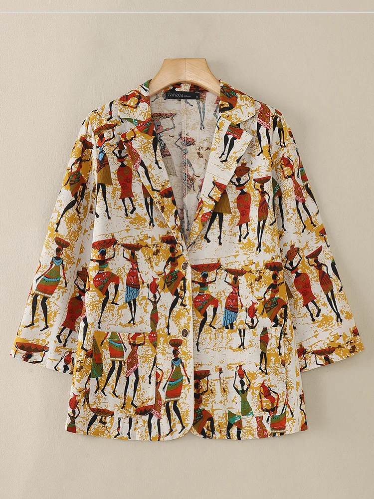 2025 ZANZEA Women Autumn Cotton Blazer Vintage Long Sleeve Floral Printed Coats Lapel Neck Thin Coats Casual Loose Suits Outwear