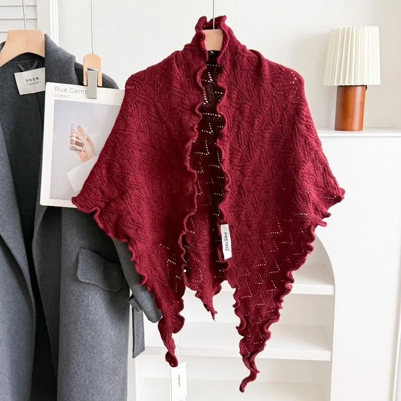Koreanischer schlichter Herbst- und Winter-Schal in Uni-Farben, eleganter gestrickter Wollmischschal, Dreieckstuch, Damenaccessoire – Detail 10