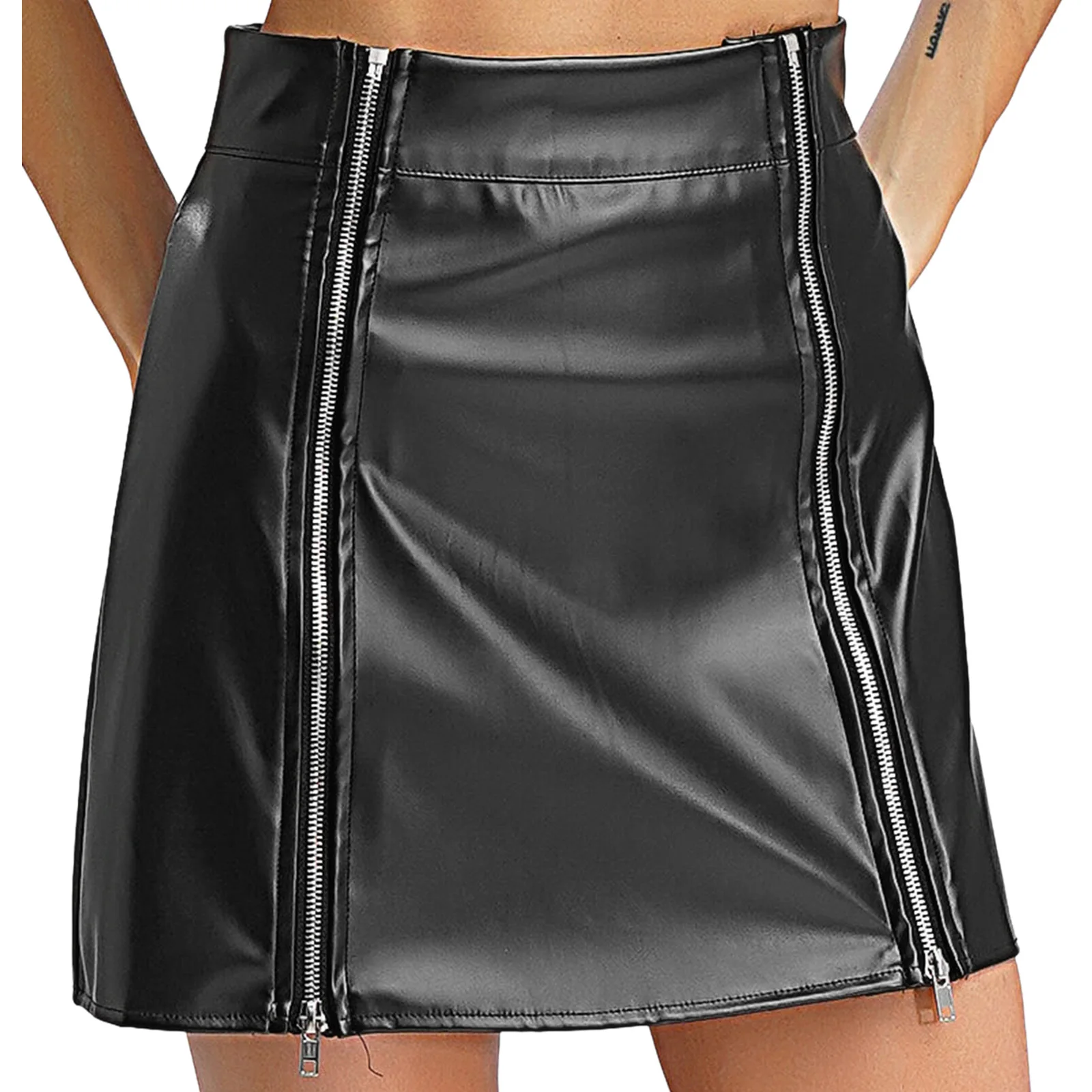 

Womens Lingerie Latex Club Mini Skirts for Pole Dancing Rivets Pockets Zipper Hip Hugging Short Skirt Rave Festival Clothings