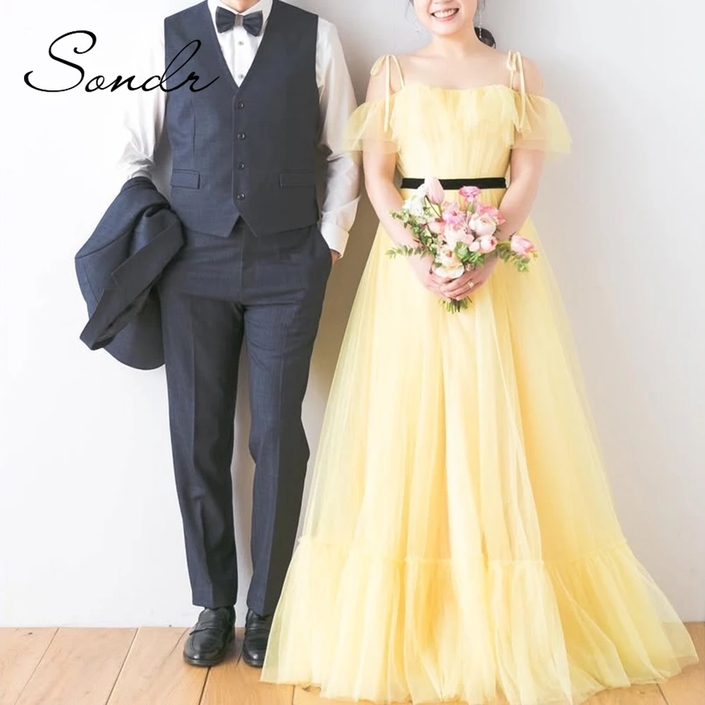 Sondr Light Yellow Korean Wedding Dresses Photo Shoot Spaghetti Straps Soft Tulle A Line Bridal Wedding Party Gown Evening Dress