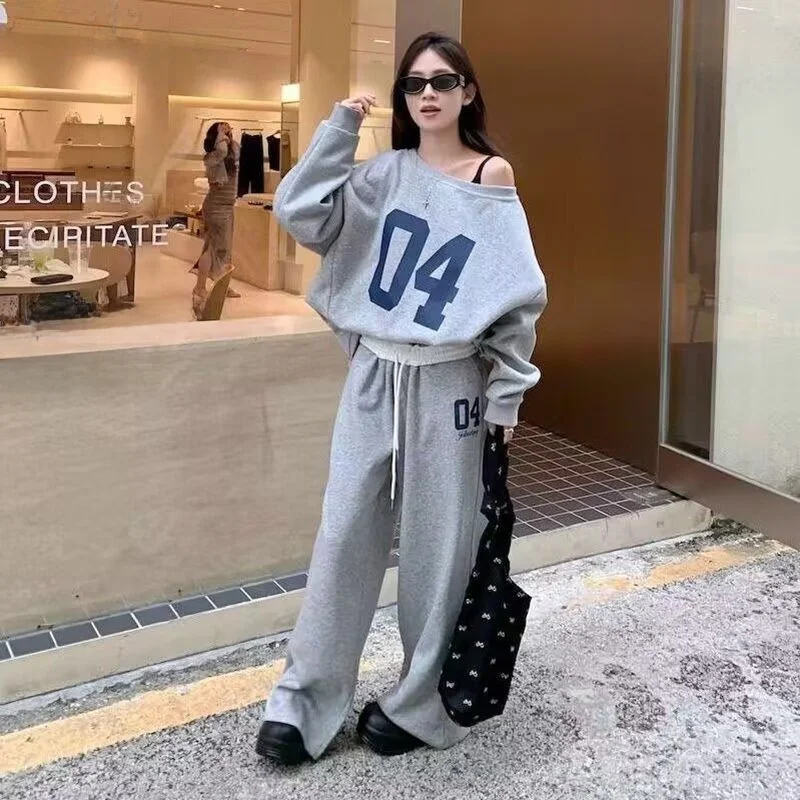 Women's Sportswear Set Loose Long Sleeve Cotton Blend Faux Canvas Shoulder Accented Sweatshirt Casual Two-Piece Autumn Spring