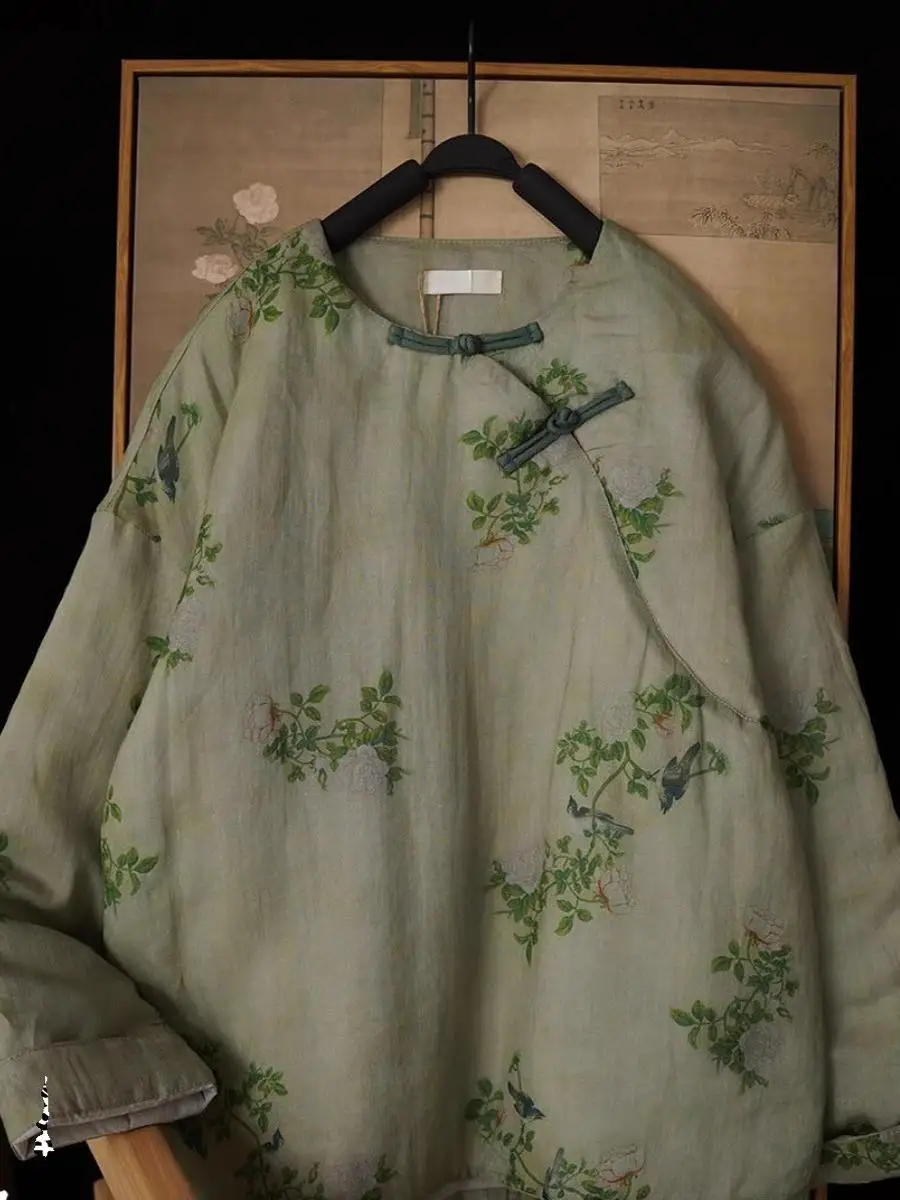 

Retro Chinese Sle round Ne Cotton Jaet Printed Silk New Sle Button up Loose Fit Long Sve Winter Coat