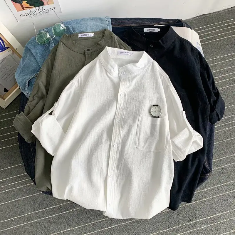 

Loose Men's Linen Shirt Short Sleeve Pure Color Summer Cotton Linen Men's Simple Cec Top Youth Fashion Thin Model for Teens