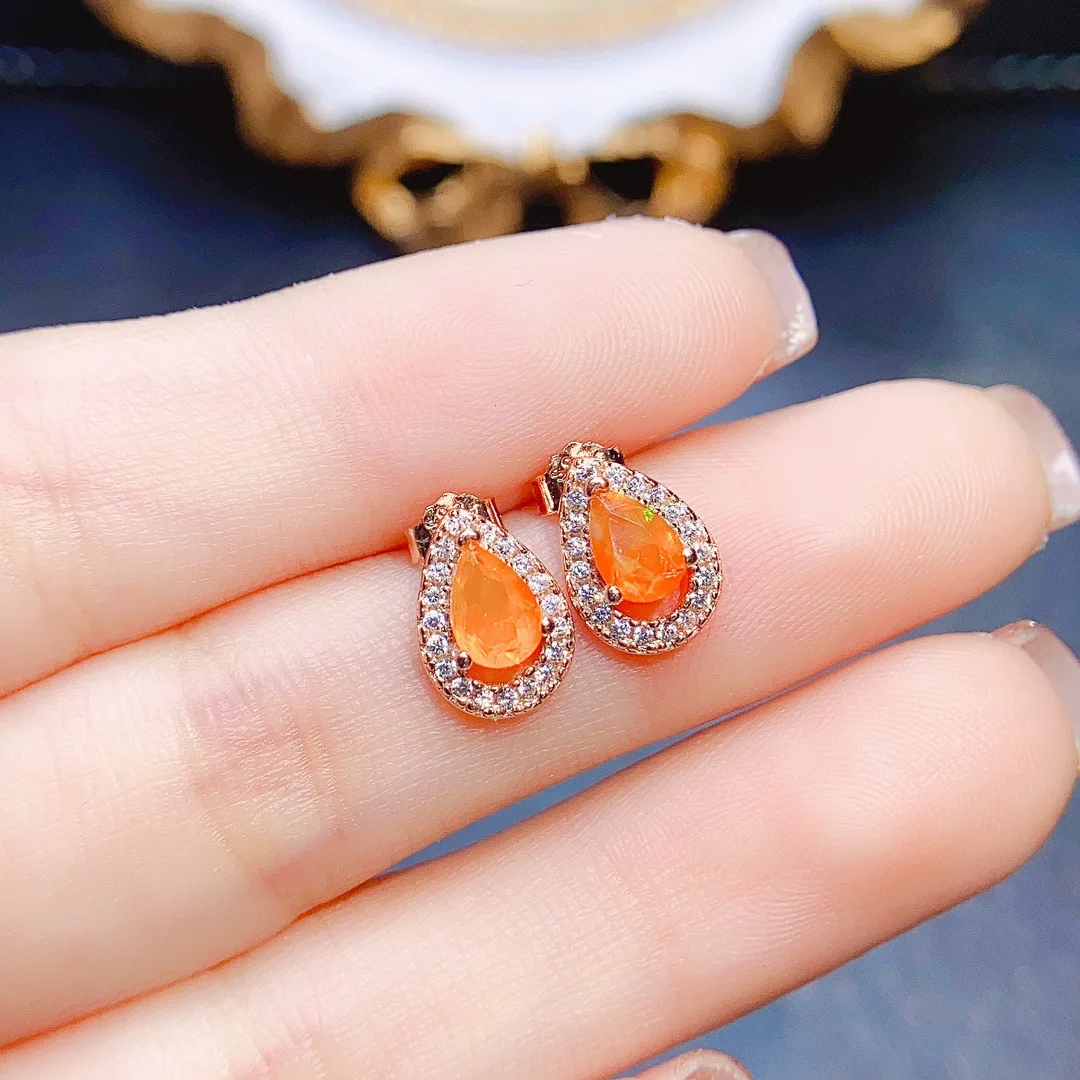 FS Fashion Real S925 Sterling Silver Inlay Natural Fire Opal Earrings With Certificate Fine Weddings Jewelry for Women MeiBaPJ