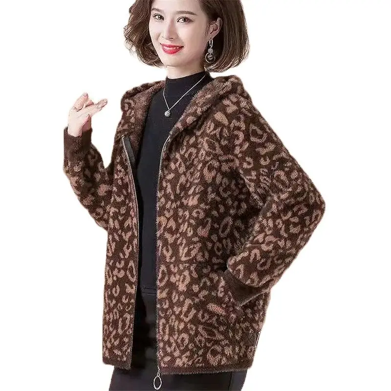 

Leopard Print New Winter Thicken Outerwear Imitation Mink Velvet Coat Middle Aged Noble Woolen Mid-Length Warm Women Jacket Top