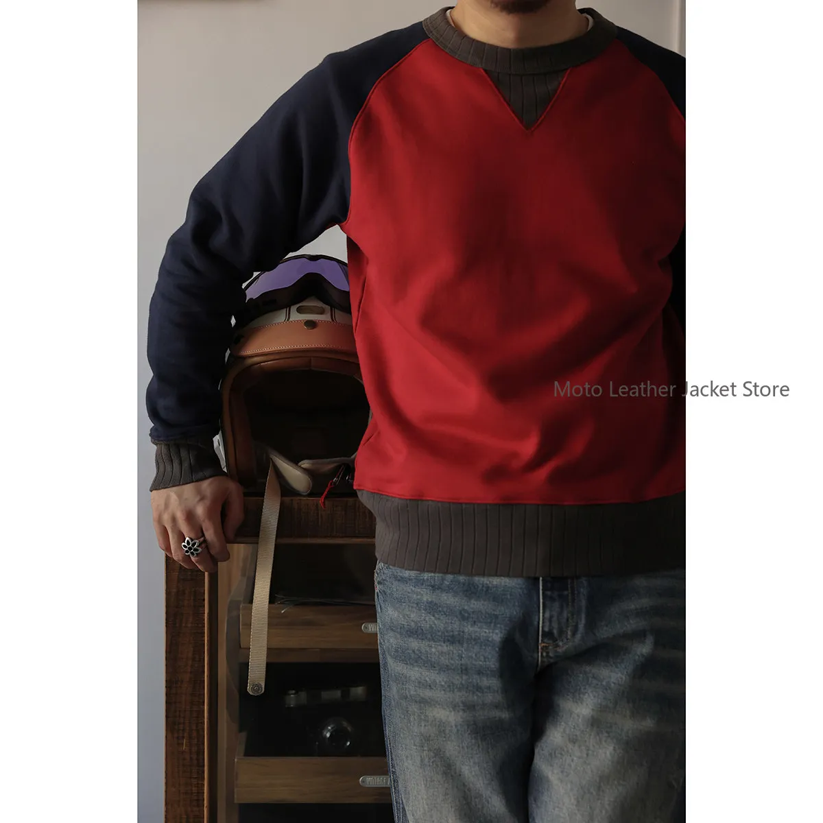 

BOB DONG American 50's Style Sweatshirt Retro Color Block Raglan Heavy Crew Neck Pullover