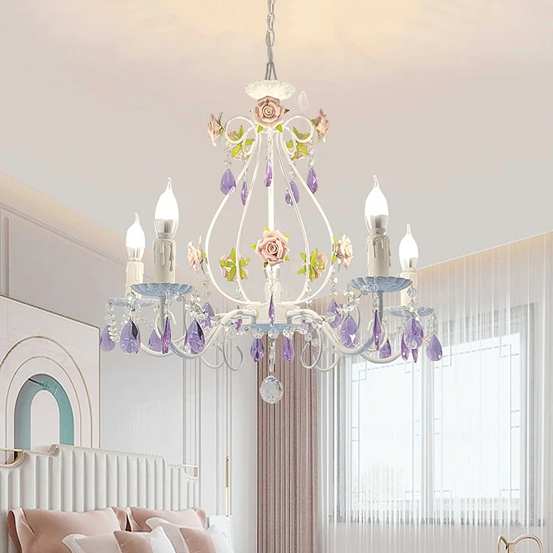 Romantic Warm Countryside Crystal Flower Lamp for Princess Girl's Bedroom Children's Room Wrought Iron LED Living Room Lighting