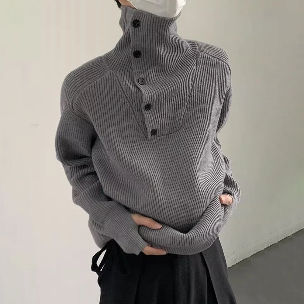 Mens Autumn Winter French Loose Turtleneck Buttoned Knitted Sweater Essential Solid Color Simple Lazy Style Knitted Sweater