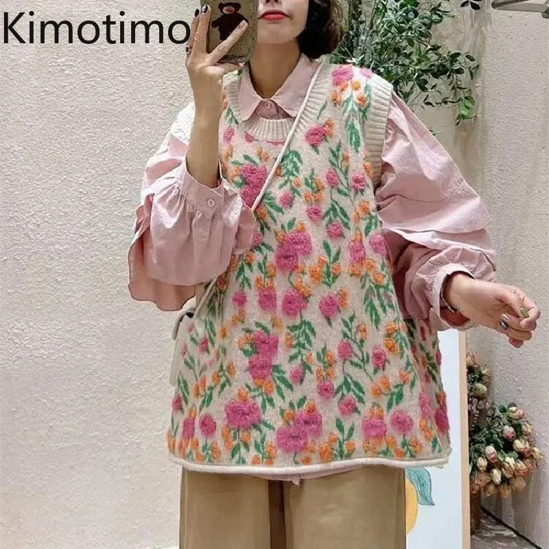 Kimotimo Vintage 3D Flower Sweater Vest Women Korean Fashion Loose Lazy Sleeveless Pullover Autumn Winter Overlap Knitted Tops